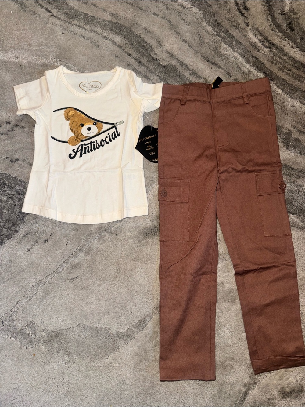 Fashion Nova Cream 'Antisocial' Bear Tee & Brown Cargo Pants Kids Set